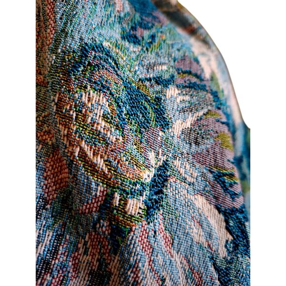 Vtg Girls Floral Tapestry Dress With Sheer Bodice & Navy Satin Puff Sleeves - Picture 5 of 15